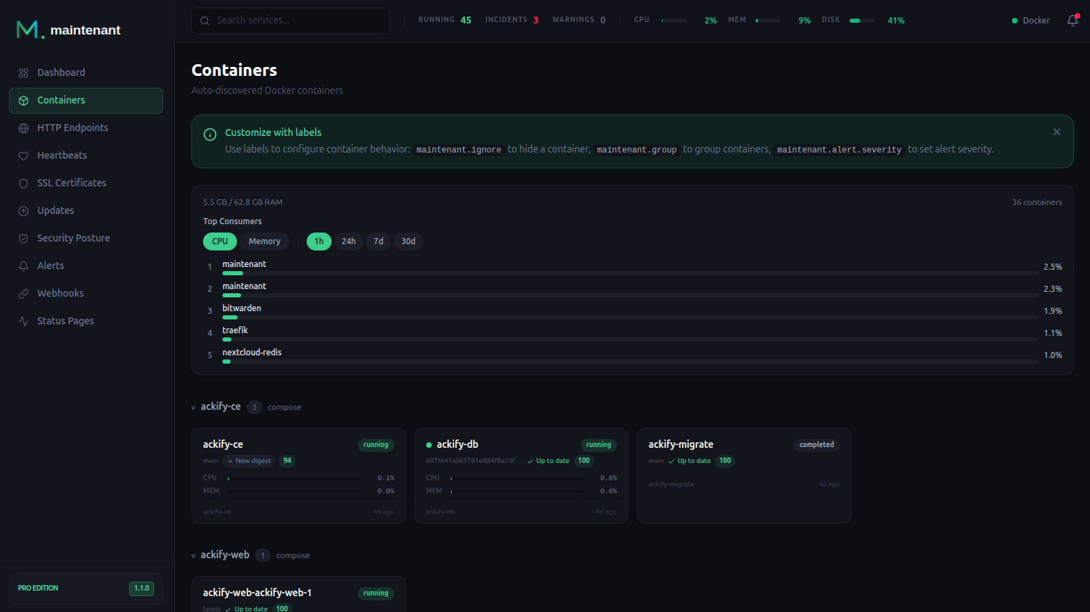System resources — CPU, memory, disk, network monitoring